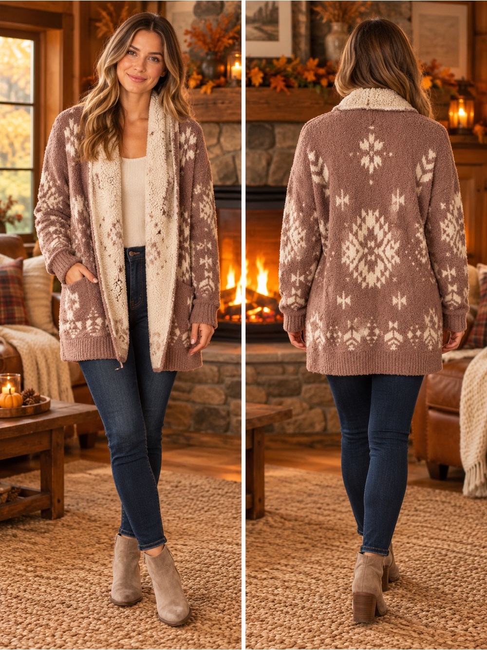 Cozy Sherpa-Trim Fair Isle Cardigan Sweater - Dusty Rose